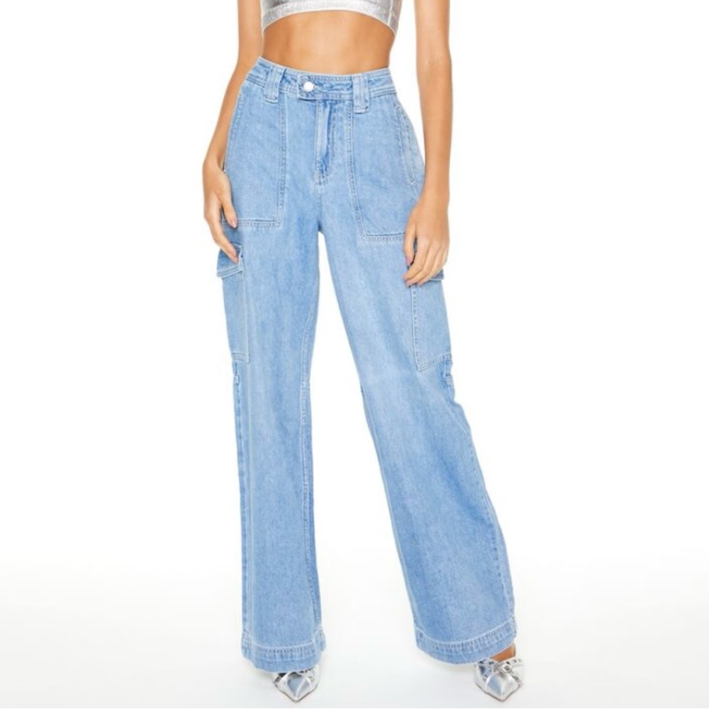 Forever 21 Light Blue Wide Leg Cargo Jeans